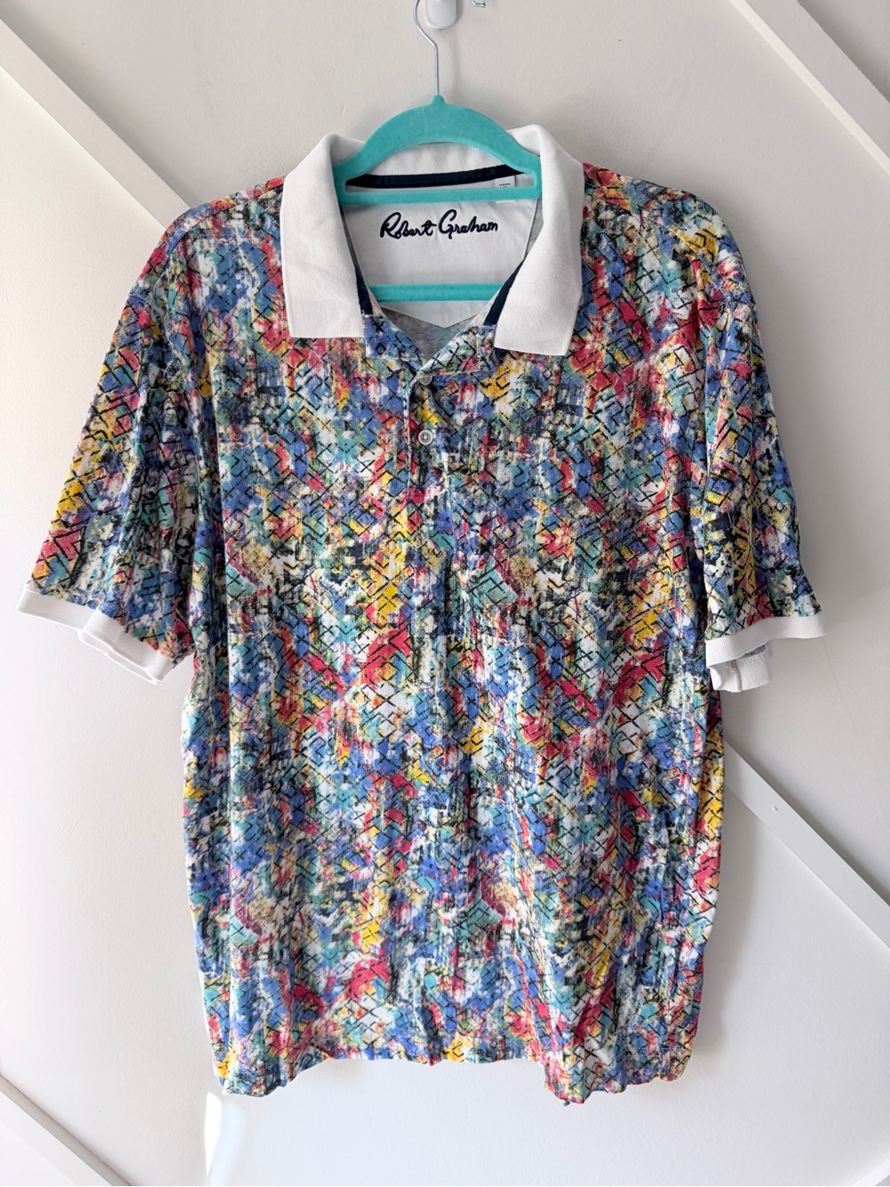 ROBERT GRAHAM Mens Large Abstract Geometric Multi Color Polo Shirt Luxury Golf